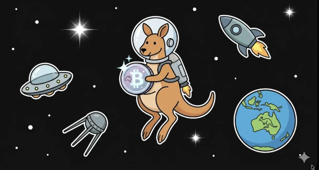 Astronaut kangaroo holding Bitcoin coin with rocket, UFO, and Earth showing Australia, symbolizing online casino theme for www.freeslots99.com