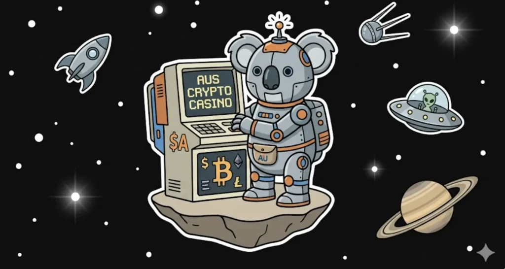 Robot koala in space suit standing by AUS Crypto Casino terminal with Bitcoin and dollar symbols, surrounded by rocket, UFO, and Saturn, symbolizing online casino theme for www.freeslots99.com